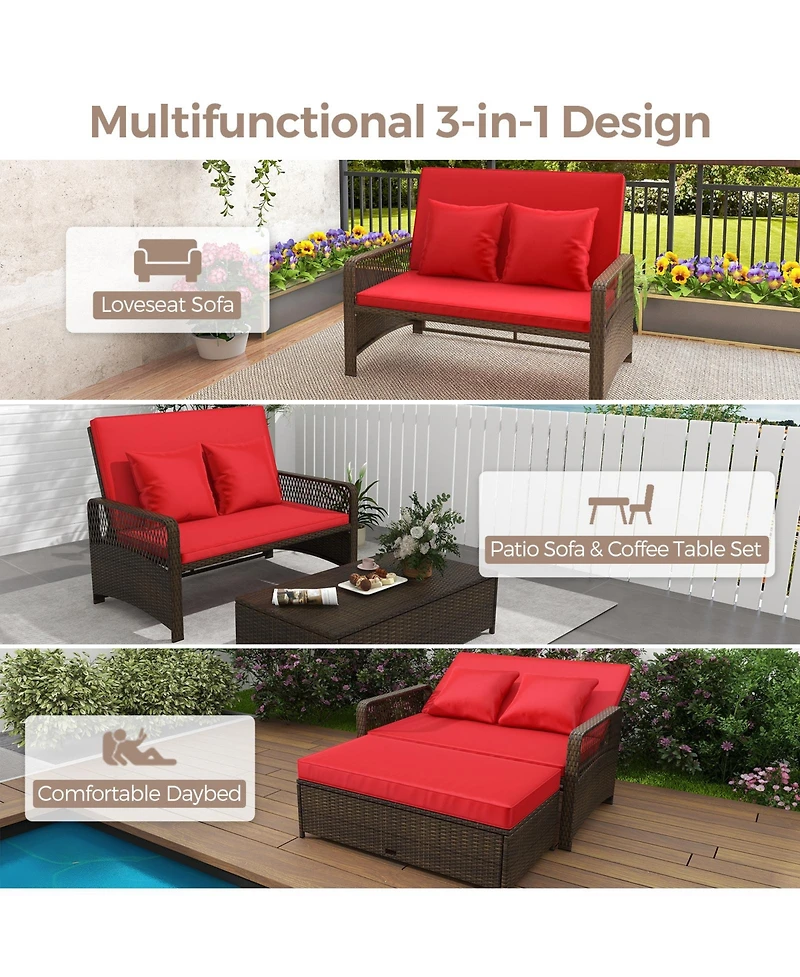 Patio Adjustable Wicker Daybed with 4-Level Backrest and Soft Cushions
