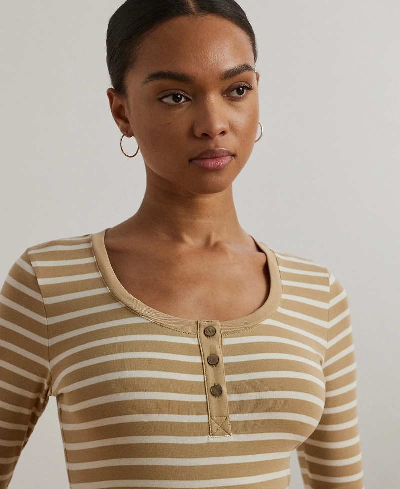 Lauren Ralph Women's Striped Elbow-Sleeve Henley Top