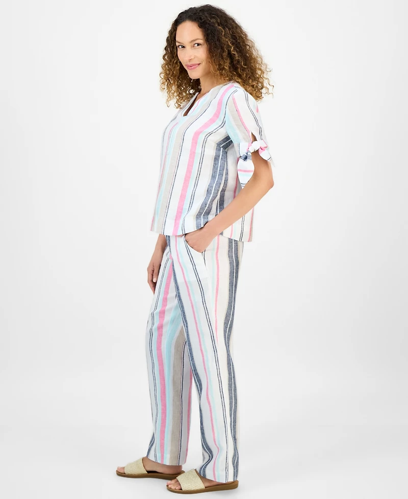 Charter Club Petite Striped Drawstring Linen Pants, Exclusively at Macy's