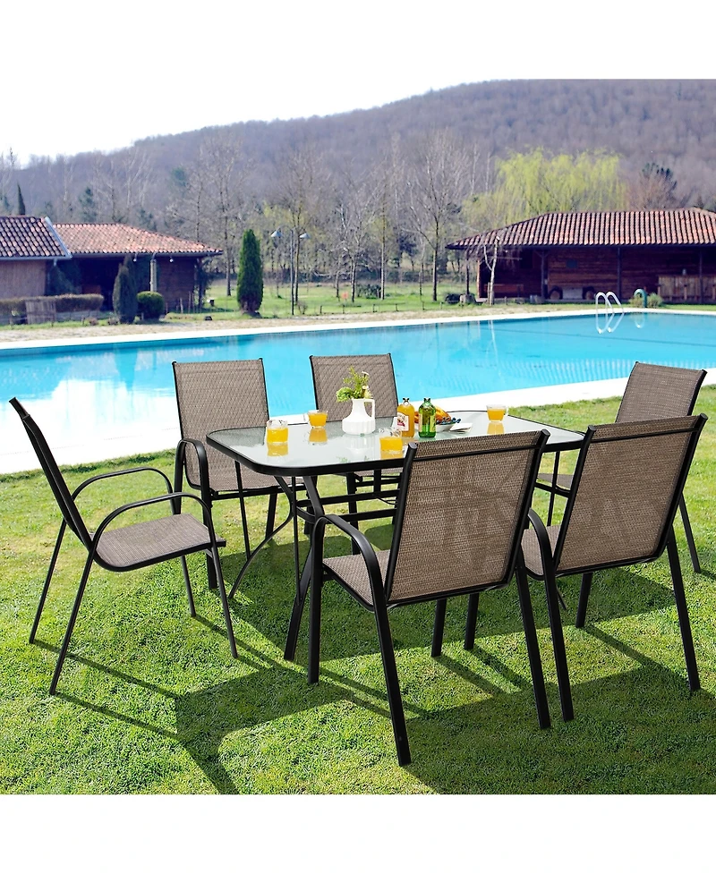 Gymax 7PCS Patio Dining Furniture Set w/ 6 Stackable Armchairs & Umbrella Hole