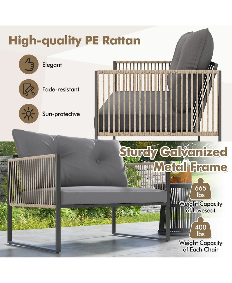 4 Pieces Outdoor Pe Rattan Conversation Sofa Set with Cushions