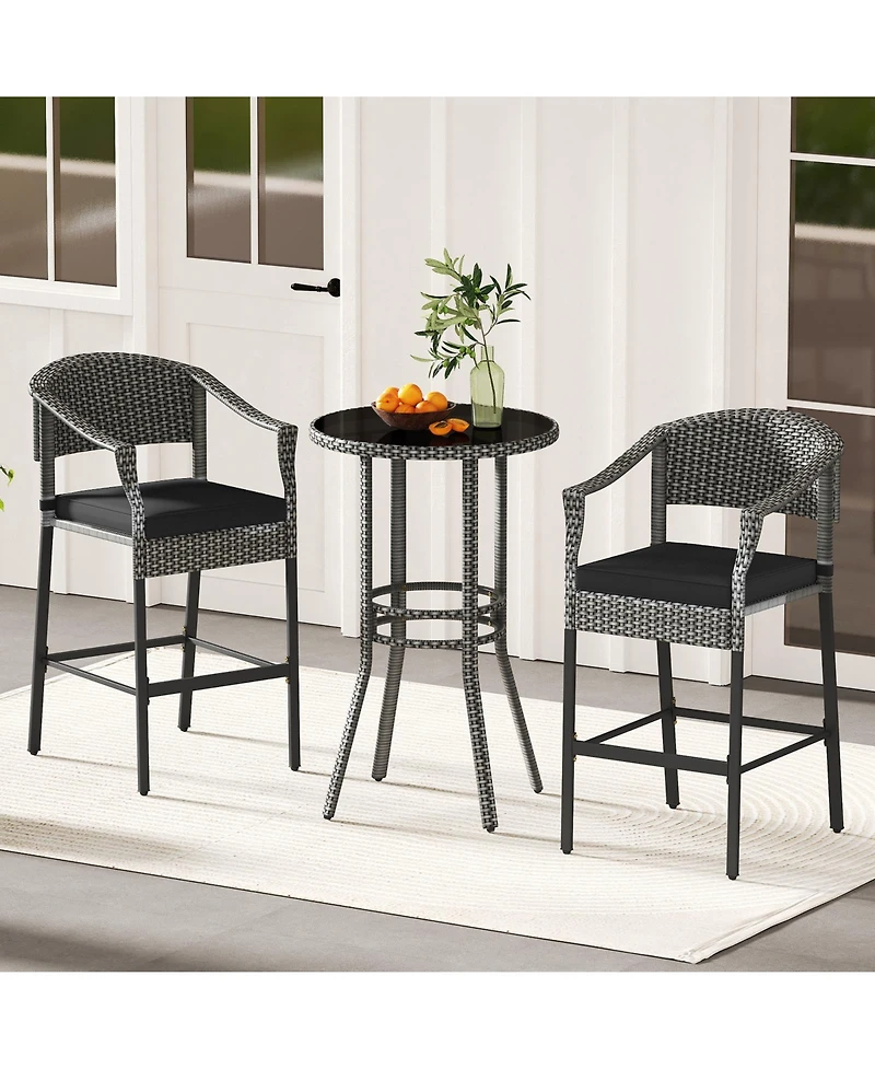 3-Piece Patio Rattan Bar Set with Tempered Glass Top for Backyard Poolside-Gray