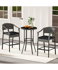3-Piece Patio Rattan Bar Set with Tempered Glass Top for Backyard Poolside-Gray