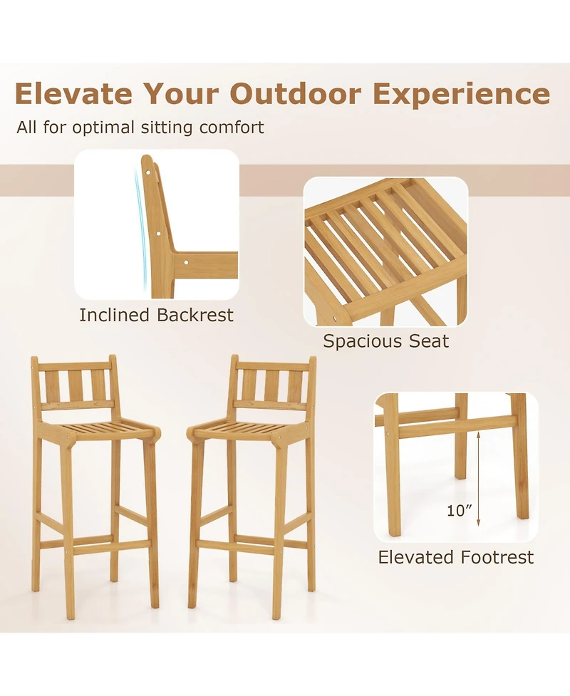 30 Inch Teak Wood Bar Chair with Footrest and Backrest for Deck Poolside Garden