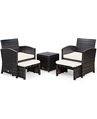 5 Pieces Patio Rattan Furniture Set with Ottoman and Tempered Glass Coffee Table-White
