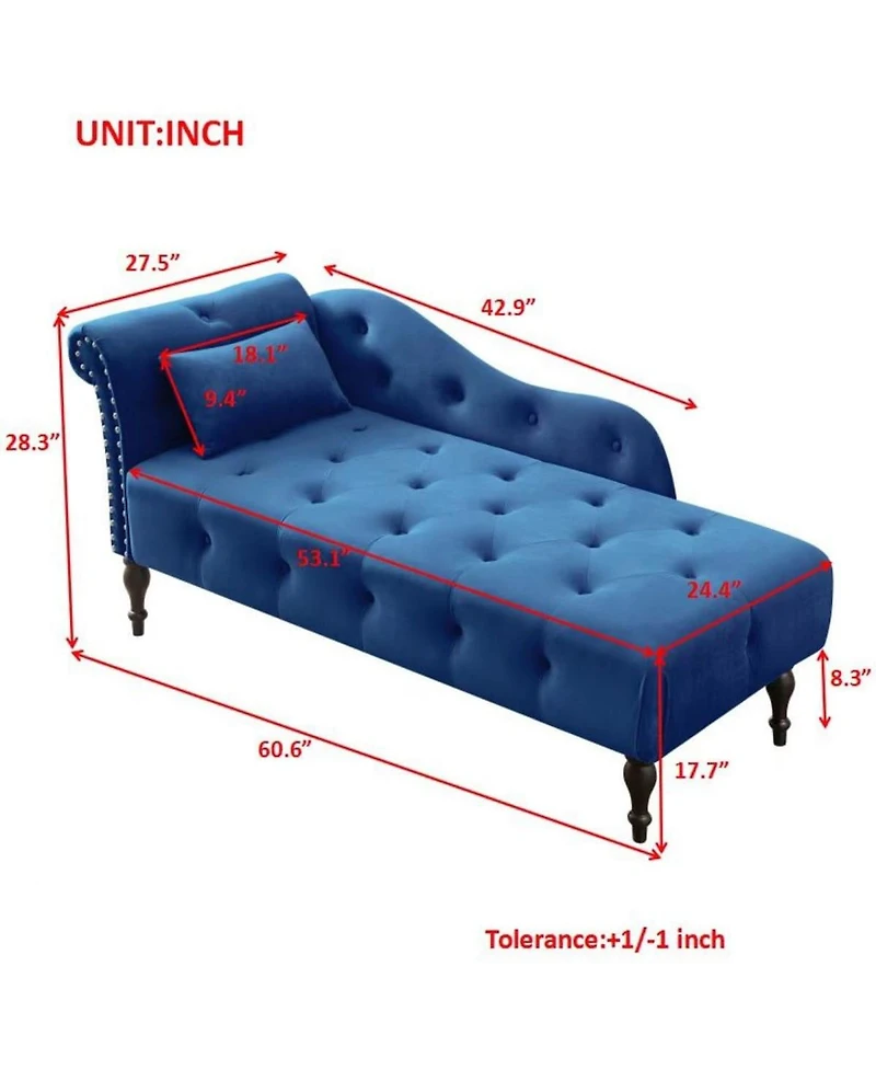 60 Inch Velvet Tufted Chaise Lounge with Nailhead Trim Solid Wood Legs and Pillow for Living Room Bedroom Reading or Relaxing-The Pop Home
