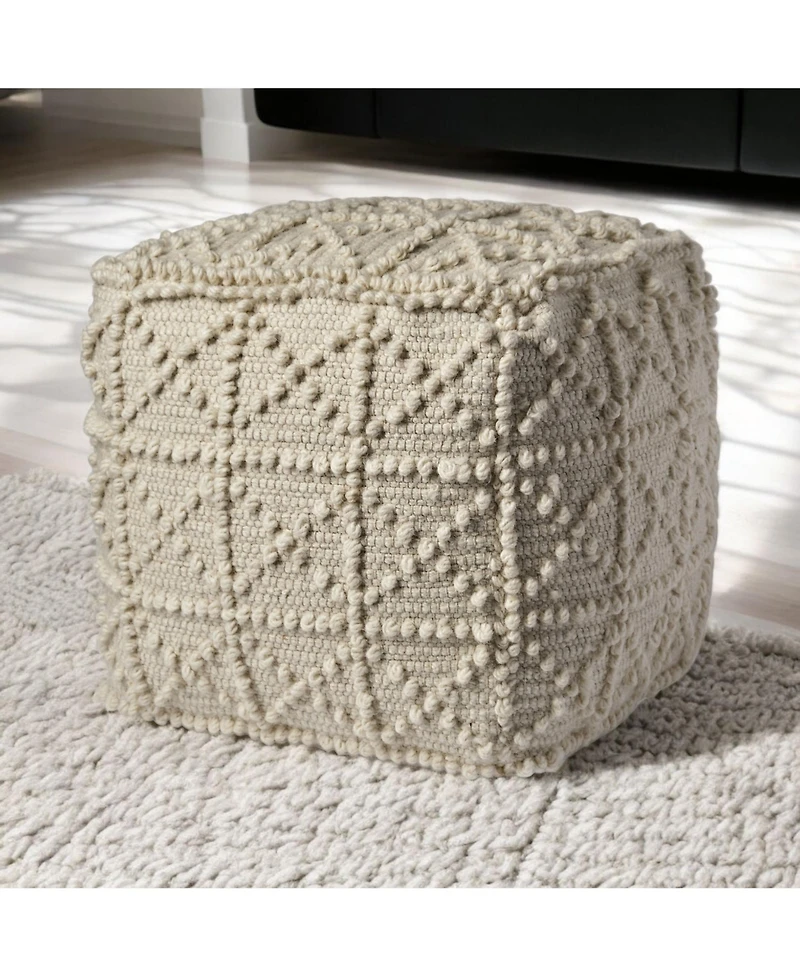 Ivory Wool Sqaure Pouf With Popcorn Detail