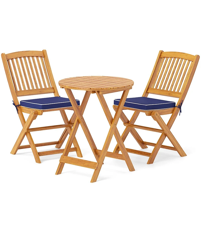 3 Pieces Acacia Wood Patio Folding Bistro Set with Soft Cushions