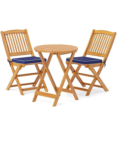 3 Pieces Acacia Wood Patio Folding Bistro Set with Soft Cushions