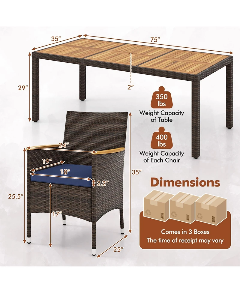 9 Pieces Outdoor Wicker Dining Set, Patio Dining Furniture Set with Acacia Wood Table and 8 Armchairs,Outdoor Table and Chairs Set with 2” Umbr