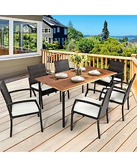 Gymax 7PCS Patio Dining Furniture Set w/ Wooden Tabletop Cushion Umbrella Hole