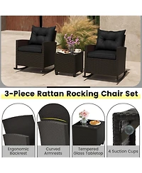 3-Piece Patio Rattan Roker Chairs with Tempered Glass Table and Soft Cushions-Black