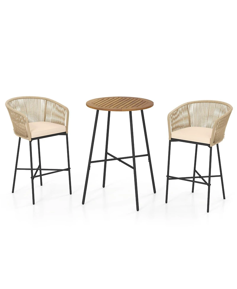 3 Pieces Rope Woven Patio Bar Set with Soft Cushions and Acacia Wood Tabletop