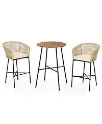 3 Pieces Rope Woven Patio Bar Set with Soft Cushions and Acacia Wood Tabletop