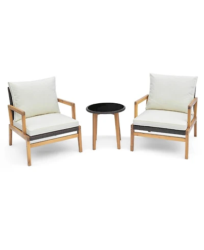 3 Pieces Patio Furniture Set with Cushioned Chairs and Tempered Glass Side Table-Brown