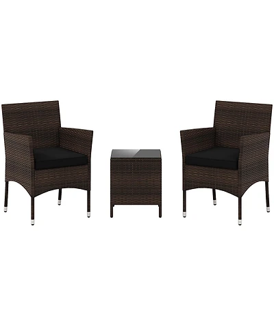 3 Pieces Outdoor Conversation Set with Cushioned Seat and Glass Tabletop-Black