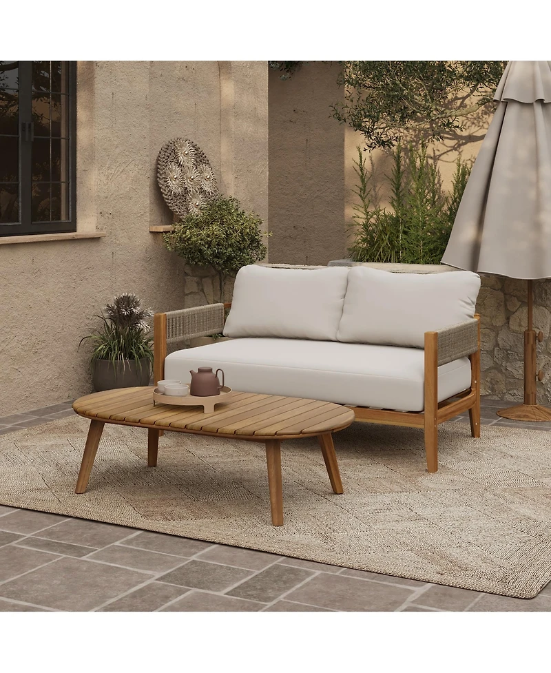 LuxenHome Outdoor Acacia Wood with Rope Sides Club Loveseat with Cushions and Coffee Table