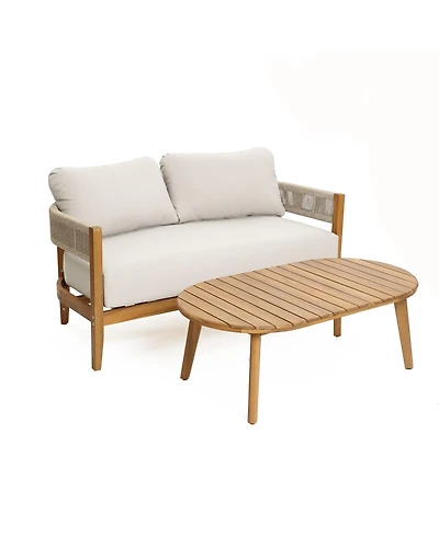 LuxenHome Outdoor Acacia Wood with Rope Sides Club Loveseat with Cushions and Coffee Table