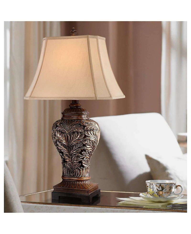 Barnes and Ivy Traditional Table Lamps 32.5" Tall Set of 2 Bronze Curling Leaves Tan Rectangular Shade for Living Room Family Bedroom Bedside