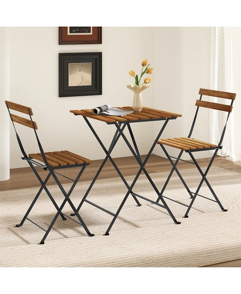 3 Piece Patio Acacia Wood Bistro Set with Slatted Seat and Tabletop-Brown