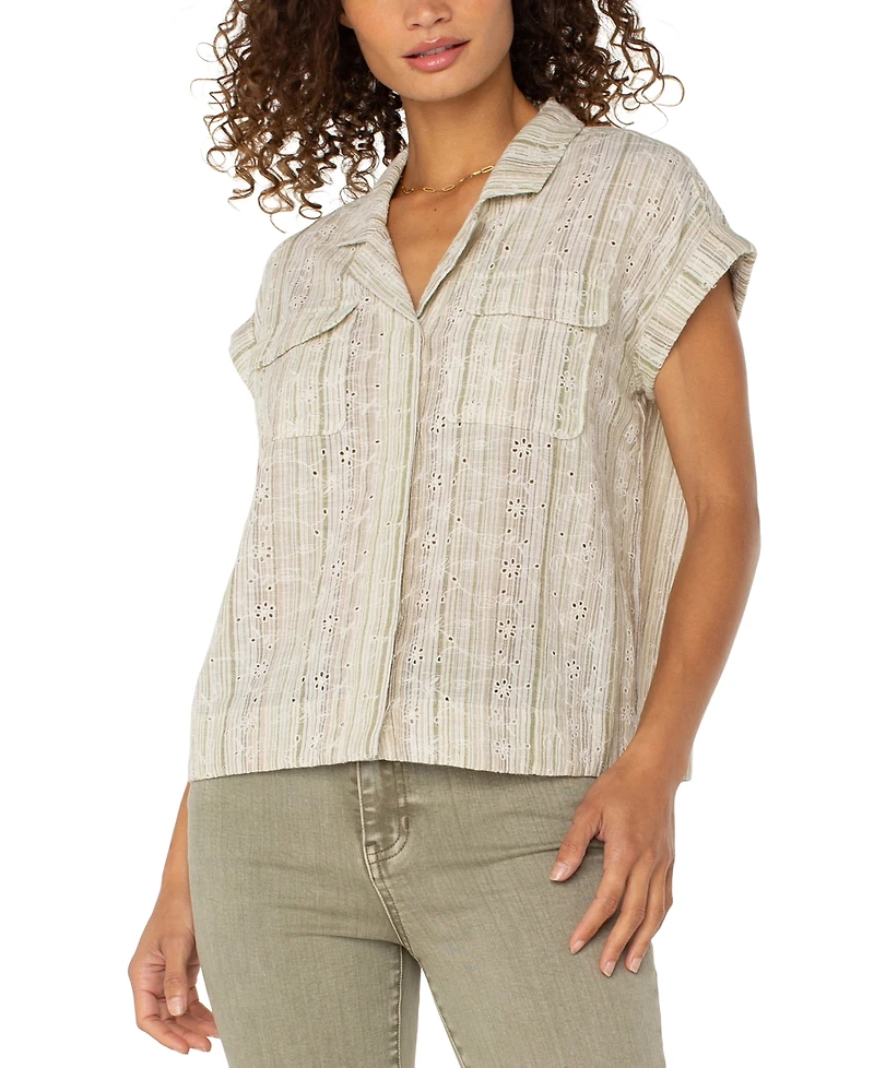 Liverpool Los Angeles Petite Striped Dolman-Sleeve Camp Shirt