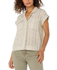 Liverpool Los Angeles Petite Striped Dolman-Sleeve Camp Shirt