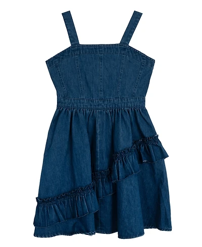 Rare Editions Big Girls Denim Ruffle With Asymmetrical Skirt Dress