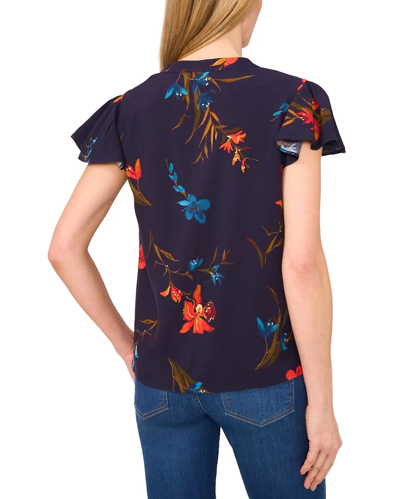 CeCe Women's Floral-Print Flutter-Sleeve Top