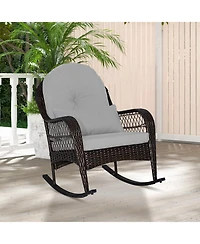 Patio Rattan Rocking Chair with Seat Back Cushions and Waist Pillow
