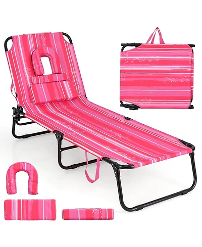 Beach Chaise Lounge Chair with Face Hole and Removable Pillow-Hot Pink