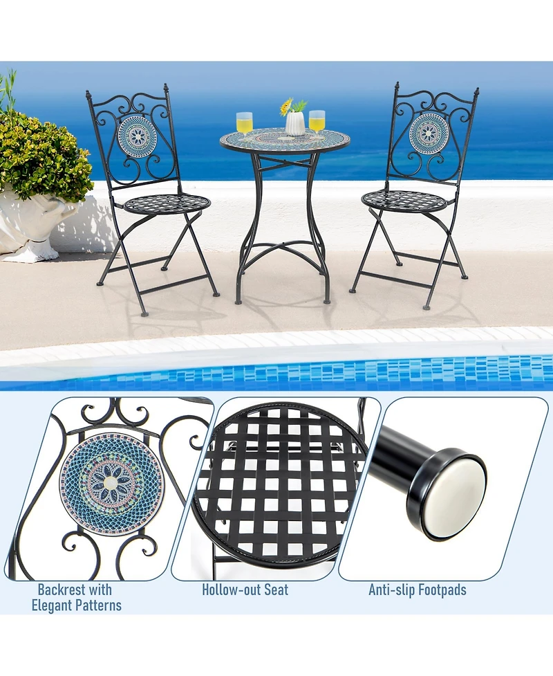 Set of 2 Mosaic Chairs for Patio Metal Folding Chairs-Multicolor