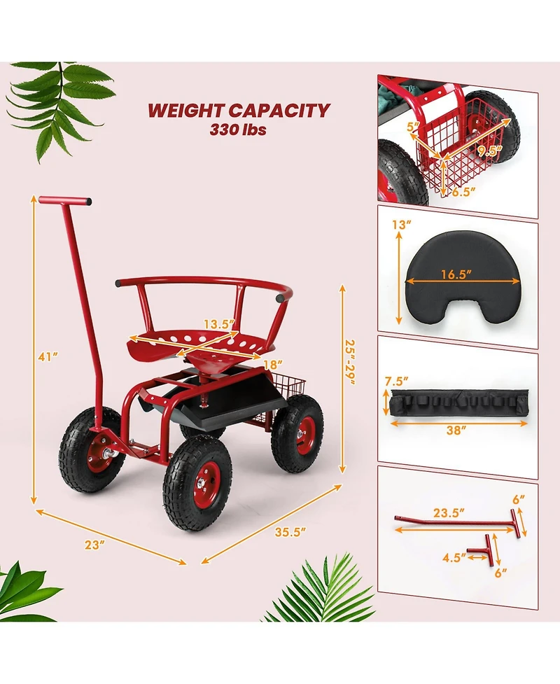 Rolling Garden Cart with Height Adjustable Swivel Seat and Storage Basket
