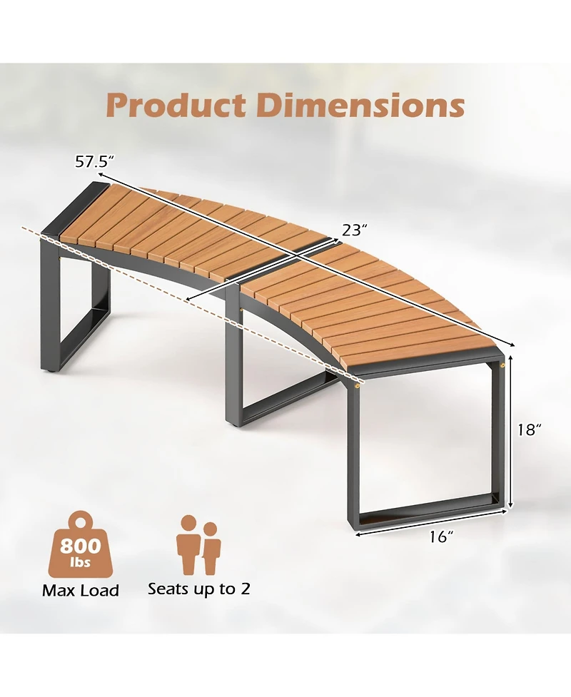 Patio Curved Bench with Slatted Seat and Metal Legs