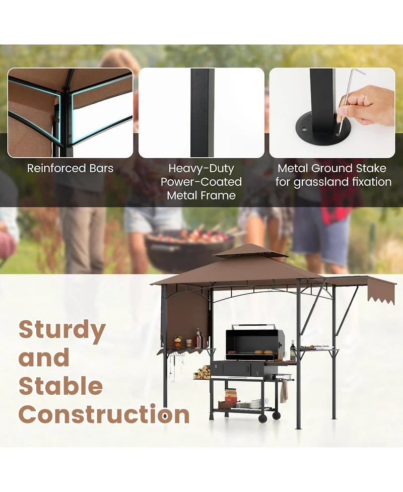 13 x 5 Feet Grill Gazebo with Dual Side Awnings and 2 Shelves Adjustable Shadow-Coffee