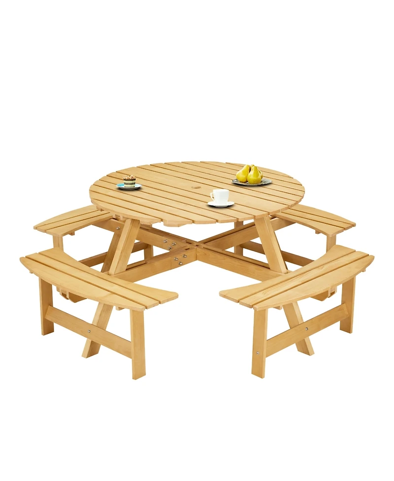 70 in. Natural Light Brown wood 8-Person Round Wooden Outdoor Picnic Table with 4 Built-in Benches and Umbrella Hole