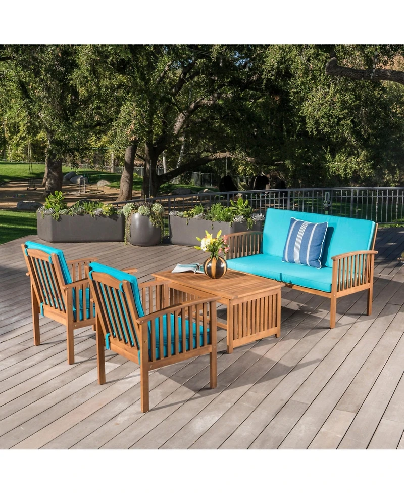 Outdoor Acacia Wood Sofa Set with Water Resistant Cushions, 4-Pcs Set