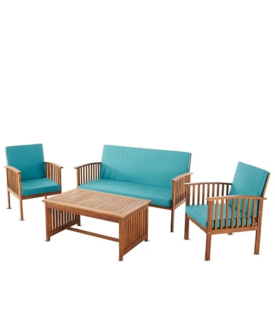 Outdoor Acacia Wood Sofa Set with Water Resistant Cushions, 4-Pcs Set