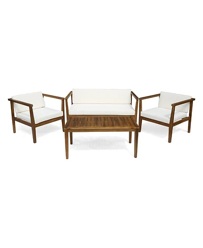Alcove Teak Brown 5-Piece Wood Outdoor Patio Conversation Sectonal Seating Set with Beige Cushions