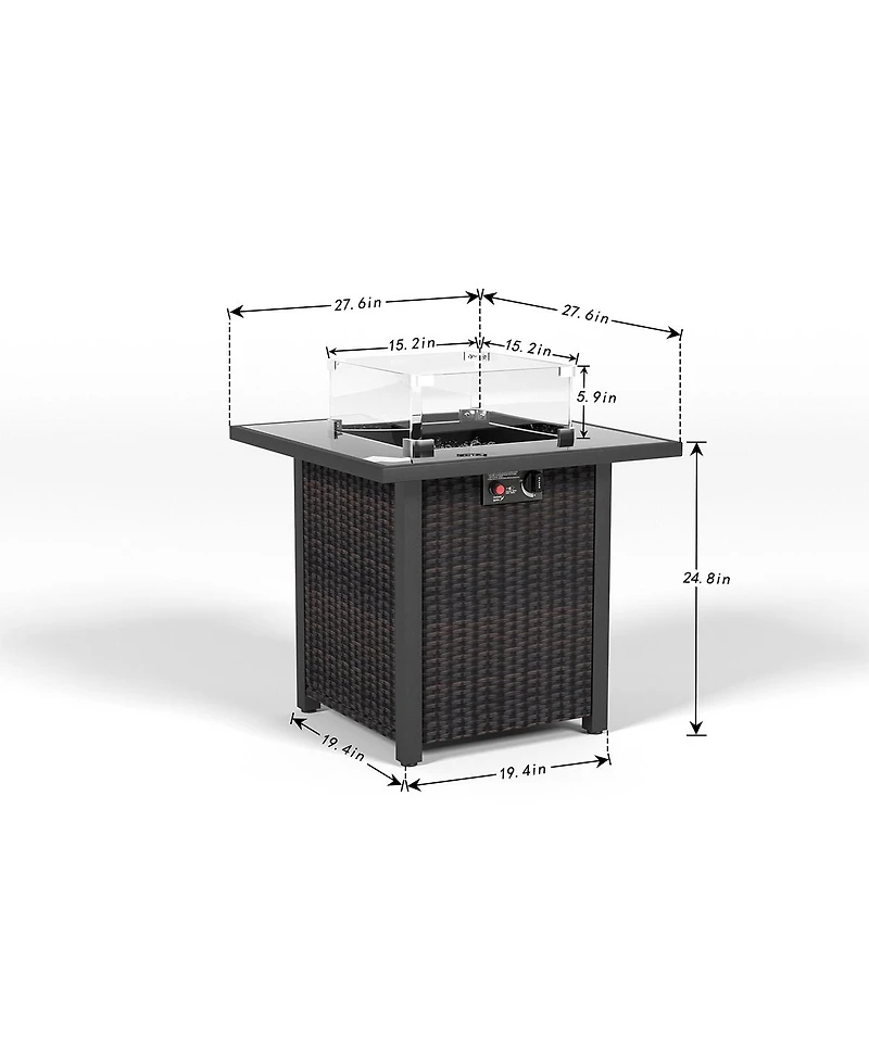 28 in. Propane Fire Pit Table, Rattan and Wicker,50000 Btu, Glass Windscreen Protector