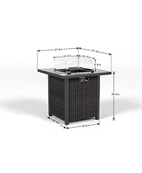 28 in. Propane Fire Pit Table, Rattan and Wicker,50000 Btu, Glass Windscreen Protector