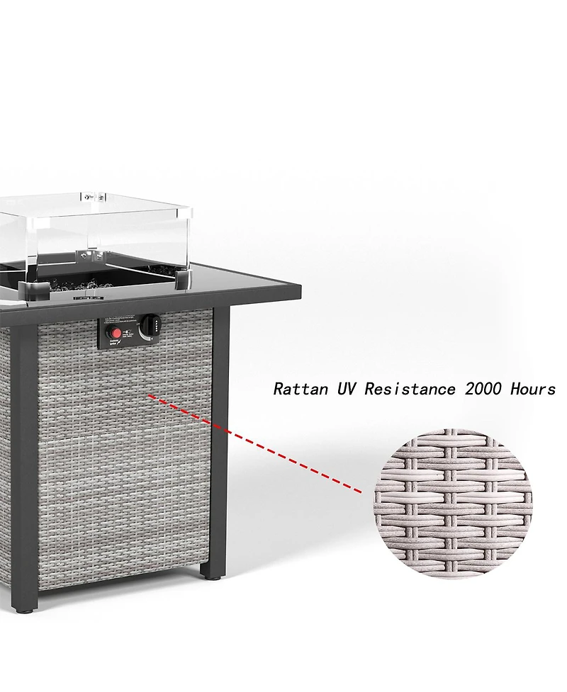28 in. Outdoor Wicker Propane Fire Pit Table, 50000 Btu Gas Firepits Tempered Glass Tabletop Glass Wind Guard