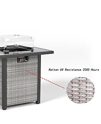 28 in. Outdoor Wicker Propane Fire Pit Table, 50000 Btu Gas Firepits Tempered Glass Tabletop Glass Wind Guard
