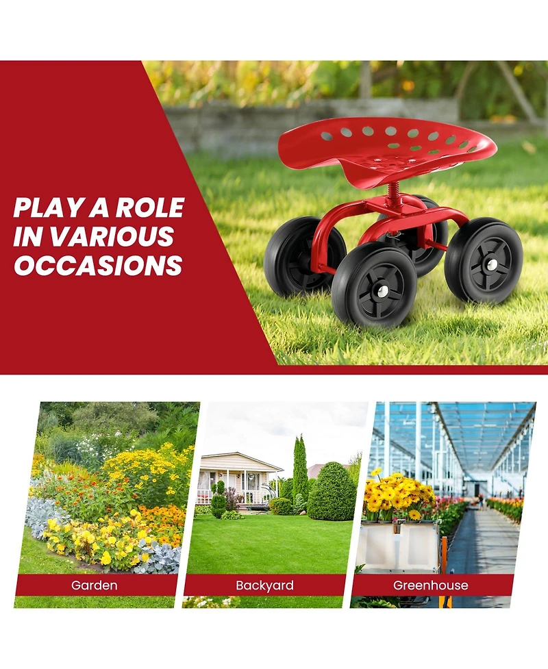 Garden Rolling Workseat with 360° Swivel Seat and Adjustable Height-Red