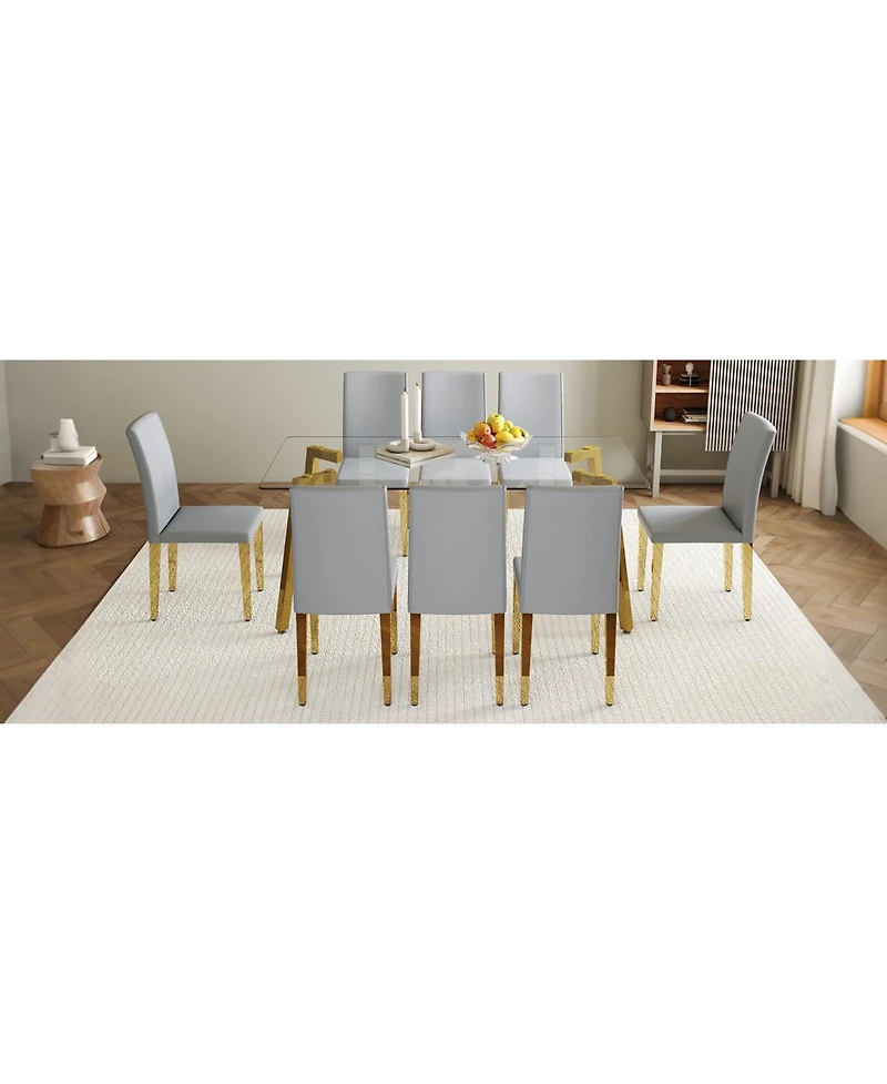 Streamdale 71" Rectangular Glass Dining Table Set with 8 Gray Pu Chairs