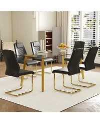 Streamdale Golden Leg Glass Table & 6 Black Pu Chairs