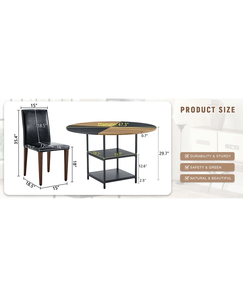 Streamdale 47.3" Round Dining Table Set with 4 Black Pu Chairs