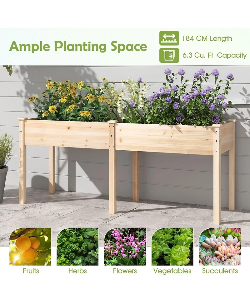 Fir Wood Outdoor Raised Garden Bed with Divider Panel and Drainage Holes