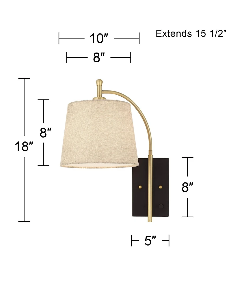 Chester Modern Swing Arm Wall Lamp Antique Brass Black Metal Plug-In Light Fixture Dimmable Tan Drum Shade for Bedroom Bedside House Reading Living Ro