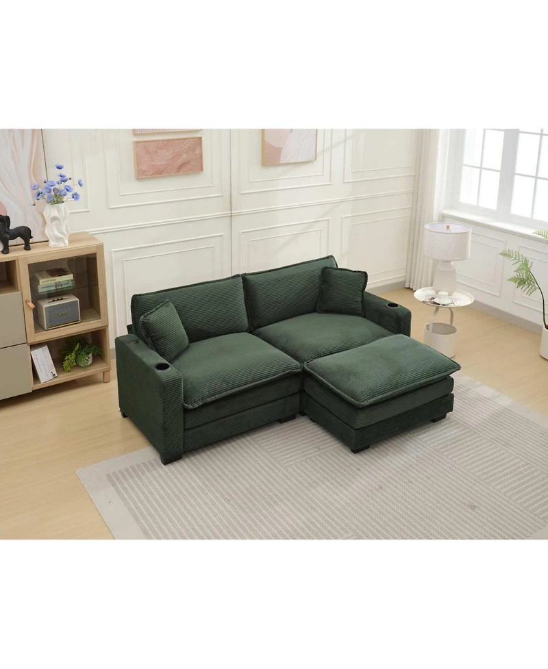 Streamdale Green Corduroy L-Shape Sofa with Usb & Footstool