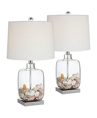360 Lighting Coastal Accent Table Lamps 21.75" High Set of 2 Clear Glass Fillable Sea Shells White Drum Shade for Living Room Family Bedroom